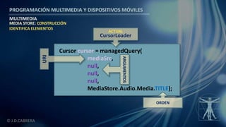 PROGRAMACIÓN MULTIMEDIA Y DISPOSITIVOS MÓVILES
MULTIMEDIA
© J.D.CABRERA
MEDIA STORE: CONSTRUCCIÓN
IDENTIFICA ELEMENTOS
Cursor cursor = managedQuery(
mediaSrc,
null,
null,
null,
MediaStore.Audio.Media.TITLE);
ACTUAL
CursorLoader
ORDEN
URI
ARGUMENTOS
 