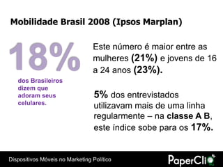 Mobilidade Brasil 2008 (Ipsos Marplan)

                                 Este número é maior entre as

18%dos Brasileiros
                                 mulheres (21%) e jovens de 16
                                 a 24 anos (23%).
   dizem que
   adoram seus                    5% dos entrevistados
   celulares.
                                  utilizavam mais de uma linha
                                  regularmente – na classe A B,
                                  este índice sobe para os 17%.


Dispositivos Móveis no Marketing Político
 