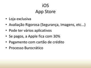 iOS
App Store
•
•
•
•
•
•

Loja exclusiva
Avaliação Rigorosa (Segurança, Imagens, etc...)
Pode ter vários aplicativos
Se pagos, a Apple fica com 30%
Pagamento com cartão de crédito
Processo Burocrático

 
