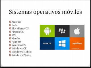 Sistemas operativos móviles
0 Android
0 Bada
0 BlackBerry OS
0 Firefox OS
0 iOS
0 MeeGo
0 Palm OS
0 Symbian OS
0 Windows CE
0 Windows Mobile
0 Windows Phone