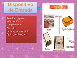 Dispositivo
de Entrada
Permiten ingresar
información a la
computadora
Ejemplo:
teclado, mouse, lápiz
óptico, escáner, etc.

 