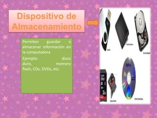 Dispositivo de
Almacenamiento
Permiten
guardar
o
almacenar información en
la computadora
Ejemplo:
disco
duro,
memory
flash, CDs, DVDs, etc.

 