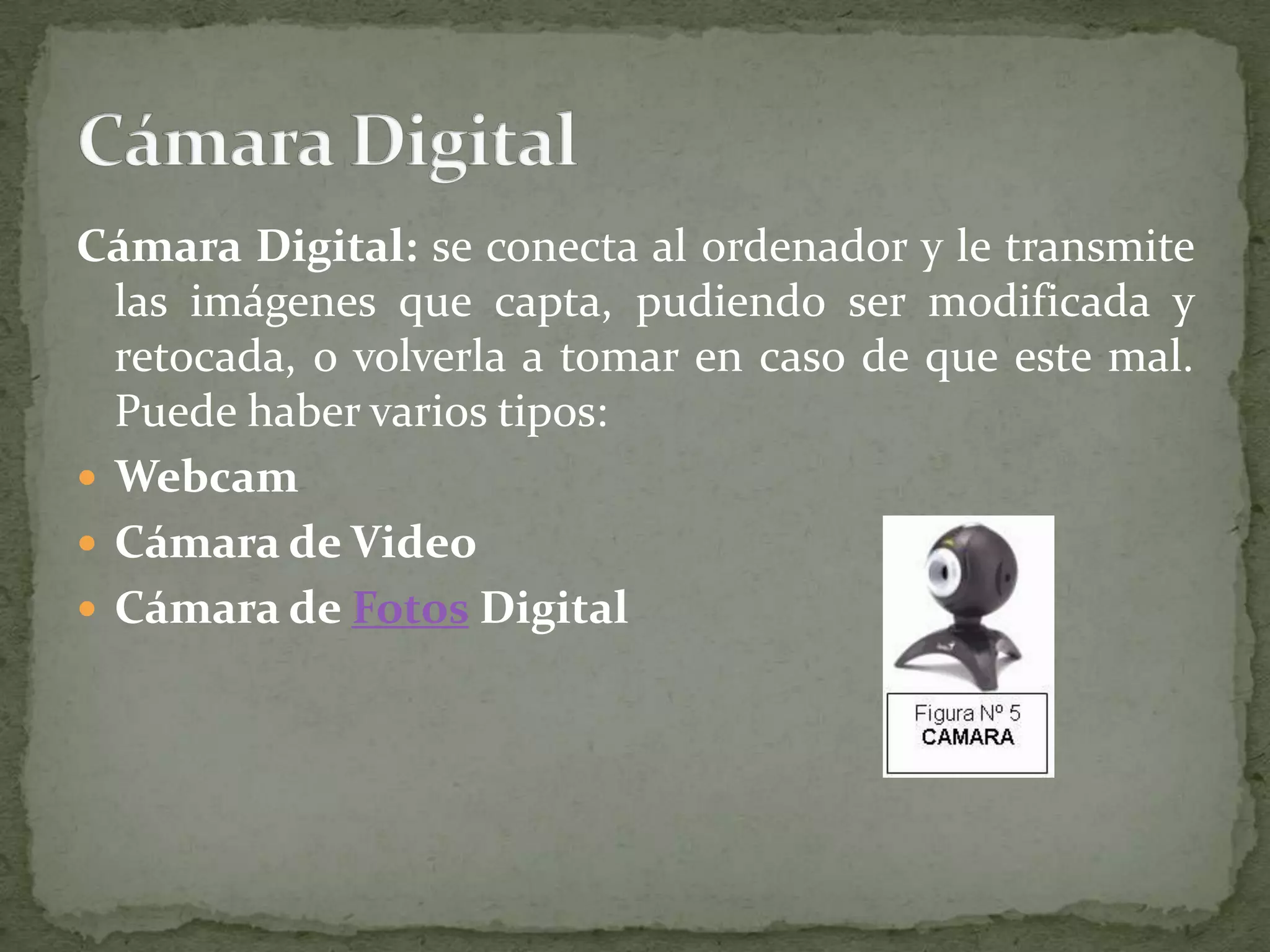 Cámara Digital: se conecta al ordenador y le transmite las imágenes que capta, pudiendo ser modificada y retocada, o volverla a tomar en caso de que este mal. Puede haber varios tipos:WebcamCámara de VideoCámara de Fotos DigitalCámara Digital