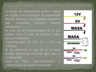 La fuente de alimentación (Power supply
en inglés) es la encargada de suministrar
energía eléctrica a los distintos elementos
que componen nuestro sistema
informático.
Se trata de un transformador en el que
entran 125v 0 220v en alterna y salen
hacia el ordenador
transformados en 12v, 5v y 3.3v en
continua.
Es un elemento al que no se le suele
prestar demasiada atención, pero que es
fundamental
para el buen funcionamiento y
conservación de nuestro ordenador
 