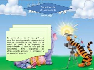 Dispositivos de
almacenamiento

Es todo aparato que se utilice para grabar los
datos de la computadora de forma permanente o
temporal. Una unidad de disco, junto con los
discos que graba, es un dispositivo de
almacenamiento. A veces se dice que una
computadora
tiene
dispositivos
de
almacenamiento primarios (o principales) y
secundarios (o auxiliares).

 