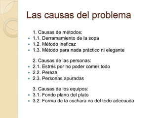 Las causas del problema1. Causas de métodos:1.1. Derramamiento de la sopa 1.2. Método ineficaz 1.3. Método para nada práctico ni elegante2. Causas de las personas: 2.1. Estrés por no poder comer todo 2.2. Pereza2.3. Personas apuradas3. Causas de los equipos:3.1. Fondo plano del plato 3.2. Forma de la cuchara no del todo adecuada 