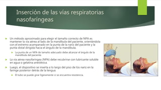 Inserción de las vías respiratorias
nasofaríngeas
 Un método aproximado para elegir el tamaño correcto de NPA es
mantener la vía aérea al lado de la mandíbula del paciente, orientándola
con el extremo acampanado en la punta de la nariz del paciente y la
punta distal dirigida hacia el ángulo de la mandíbula.
 La punta de un NPA de tamaño adecuado debe alcanzar el ángulo de la
mandíbula del paciente.
 La vía aérea nasofaríngea (NPA) debe recubrirse con lubricante soluble
en agua o gelatina anestésica.
 Luego, el dispositivo se inserta a lo largo del piso de los nariz en la
faringe posterior detrás de la lengua.
 El tubo se puede girar ligeramente si se encuentra resistencia.
 