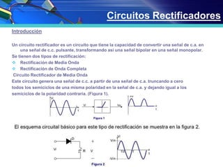 Introducción
Un circuito rectificador es un circuito que tiene la capacidad de convertir una señal de c.a. en
una señal de c.c. pulsante, transformando así una señal bipolar en una señal monopolar.
Se tienen dos tipos de rectificación:
 Rectificación de Media Onda
 Rectificación de Onda Completa
Circuito Rectificador de Media Onda
Este circuito genera una señal de c.c. a partir de una señal de c.a. truncando a cero
todos los semiciclos de una misma polaridad en la señal de c.a. y dejando igual a los
semiciclos de la polaridad contraria. (Figura 1).
Circuitos Rectificadores
 