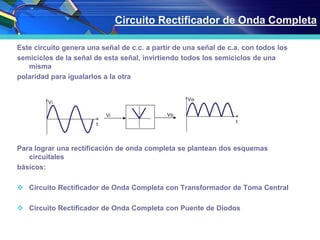 Este circuito genera una señal de c.c. a partir de una señal de c.a. con todos los
semiciclos de la señal de esta señal, invirtiendo todos los semiciclos de una
misma
polaridad para igualarlos a la otra
Para lograr una rectificación de onda completa se plantean dos esquemas
circuitales
básicos:
 Circuito Rectificador de Onda Completa con Transformador de Toma Central
 Circuito Rectificador de Onda Completa con Puente de Diodos
Circuito Rectificador de Onda Completa
 