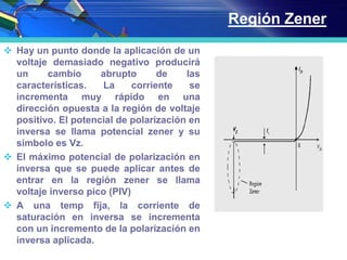 Región Zener
 Hay un punto donde la aplicación de un
voltaje demasiado negativo producirá
un cambio abrupto de las
características. La corriente se
incrementa muy rápido en una
dirección opuesta a la región de voltaje
positivo. El potencial de polarización en
inversa se llama potencial zener y su
símbolo es Vz.
 El máximo potencial de polarización en
inversa que se puede aplicar antes de
entrar en la región zener se llama
voltaje inverso pico (PIV)
 A una temp fija, la corriente de
saturación en inversa se incrementa
con un incremento de la polarización en
inversa aplicada.
 