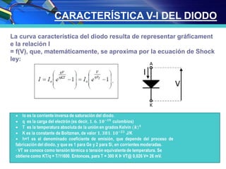 CARACTERÍSTICA V-I DEL DIODO
La curva característica del diodo resulta de representar gráficament
e la relación I
= f(V), que, matemáticamente, se aproxima por la ecuación de Shock
ley:
en donde:
 Io es la corriente inversa de saturación del diodo.
 q es la carga del electrón (es decir, 𝟏. 𝟔. 𝟏𝟎−𝟏𝟗
culombios)
 T es la temperatura absoluta de la unión en grados Kelvin (𝒌) 𝟒
 K es la constante de Boltzman, de valor 𝟏, 𝟑𝟖𝟏. 𝟏𝟎−𝟐𝟑
J/K
 h=1 es el denominado coeficiente de emisión, que depende del proceso de
fabricación del diodo, y que es 1 para Ge y 2 para Si, en corrientes moderadas.
· VT se conoce como tensión térmica o tensión equivalente de temperatura. Se
obtiene como KT/q = T/11600. Entonces, para T = 300 K Þ VT@ 0,026 V= 26 mV.
 