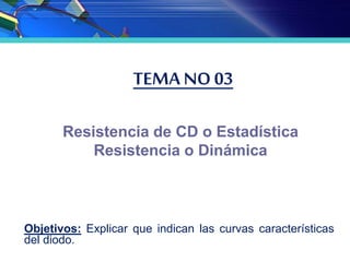 TEMA NO 03
Objetivos: Explicar que indican las curvas características
del diodo.
Resistencia de CD o Estadística
Resistencia o Dinámica
 