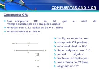 Compuerta OR:
 Una compuerta OR es tal, que el nivel de
voltaje de salida será de 1 si alguna o ambas
 entradas son 1. La salida es de 0 si ambas
 entradas están en el nivel 0.
 La figura muestra una
 compuerta OR positiva,
 esto es el nivel de 10V
 tiene asignado un “1”
 parael algebra
 booleana, en tanto que
 una entrada de 0V tiene
 asignado un “0”.
COMPUERTAS AND / OR
 