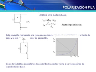 Análisis en la malla de base:
Esta ecuación representa una recta que en intersección nos proporciona la corriente de
base y la tensión base-emisor de operación.
Como la variable a controlar es la corriente de colector y esta a su vez depende de
la corriente de base.
POLARIZACIÓN FIJA
 