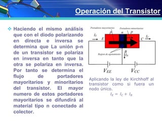 Operación del Transistor
 Haciendo el mismo análisis
que con el diodo polarizando
en directa e inversa se
determina que La unión p-n
de un transistor se polariza
en inversa en tanto que la
otra se polariza en inversa.
Por tanto se determina el
flujo de portadores
mayoritarios y minoritarios
del transistor. El mayor
numero de estos portadores
mayoritarios se difundirá al
material tipo n conectado al
colector.
Aplicando la ley de Kirchhoff al
transistor como si fuera un
nodo único.
𝐼 𝐸 = 𝐼 𝐶 + 𝐼 𝐵
 