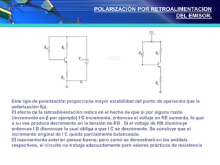 Este tipo de polarización proporciona mayor estabilidad del punto de operación que la
polarización fija.
El efecto de la retroalimentación radica en el hecho de que si por alguna razón
(incremento en β por ejemplo) I C incrementa, entonces el voltaje en RE aumenta, lo que
a su ves produce decremento en la tensión de RB . Si el voltaje de RB disminuye
entonces I B disminuye lo cual obliga a que I C se decremente. Se concluye que el
incremento original de I C queda parcialmente balanceado.
El razonamiento anterior parece bueno, pero como se demostrará en los análisis
respectivos, el circuito no trabaja adecuadamente para valores prácticos de resistencia
POLARIZACIÓN POR RETROALIMENTACION
DEL EMISOR.
 