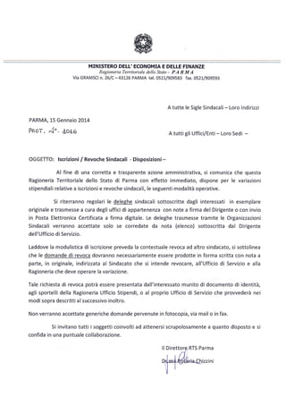 Parma, circolare per regolare le iscrizioni/revoche sindacali dei dipendenti pubblici