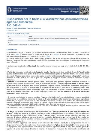 Disposizioni per la tutela e la valorizzazione della biodiversità
agraria e alimentare
A.C. 348-B
Dossier n° 248/2 - Eleme...