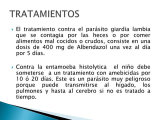  El tratamiento contra el parásito giardia lambia
que se contagia por las heces o por comer
alimentos mal cocidos o crudos, consiste en una
dosis de 400 mg de Albendazol una vez al día
por 5 días.
Contra la entamoeba histolytica el niño debe
someterse a un tratamiento con amebicidas por
10 ó 20 días. Este es un parásito muy peligroso
porque puede transmitirse al hígado, los
pulmones y hasta al cerebro si no es tratado a
tiempo.