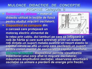 MIJLOACE  DIDACTICE  DE  CONCEPŢIE  PROPRIE   Categoria  B Domeniul de utilizare  ~ material  didactic  utilizat în lecţiile de fizicã  pentru studiul mişcãrii oscilatorii. Dispozitivul se compune  din:  o carcasã care protejeazã un motoraş electric alimentat de  la reţea prin cablu. doi tamburi pe care se înfãşoarã o rolã de hârtie şi care sunt antrenaţi printr-un sistem de roţi dinţate.un suport metalic sustine un resort elastic la capãtul câruia se aflã un corp care oscileazã.un suport pentru creion montat de  asemenea la capãtul resortului.   Eficienţa didacticã : dispozitivul permite vizualizarea traiectoriei unui corp aflat în mişcare oscilatorie; mãsurarea amplitudinii oscilaţiei, observarea amortizãrii oscilaţiei ca urmare a pierderii de energie prin frecãri. 