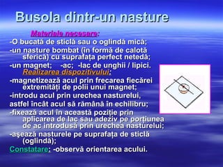 Busola dintr-un nasture Materiale necesare : -O bucată de sticlă sau o oglindă mică;  -un nasture bombat (în formă de calotă sferică) cu suprafaţa perfect netedă; -un magnet;  -ac;  -lac de unghii / lipici.  Realizarea dispozitivului : - magnetizează acul prin frecarea fiecărei extremităţi de polii unui magnet; -introdu acul prin urechea nasturelui,  astfel încât acul să rămână în echilibru; -fixează acul în această poziţie prin aplicarea de lac sau adeziv pe porţiunea de ac introdusă prin urechea nasturelui; -aşează nasturele pe suprafaţa de sticlă (oglindă); Constatare :  -observă orientarea acului. 