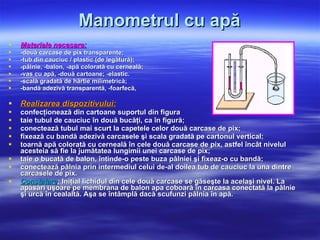 Manometrul cu apă Materiale necesare: -două carcase de pix transparente; -tub din cauciuc / plastic (de legătură);  -pâlnie, -balon, -apă colorată cu cerneală;  -vas cu apă, -două cartoane; -elastic. -scală gradată de hârtie milimetrică; -bandă adezivă transparentă, -foarfecă,  Realizarea dispozitivului: confecţionează din cartoane suportul din figura  taie tubul de cauciuc în două bucăţi, ca în figură; conectează tubul mai scurt la capetele celor două carcase de pix; fixează cu bandă adezivă carcasele şi scala gradată pe cartonul vertical; toarnă apă colorată cu cerneală în cele două carcase de pix, astfel încât nivelul acesteia să fie la jumătatea lungimii unei carcase de pix; taie o bucată de balon, întinde-o peste buza pâlniei şi fixeaz-o cu bandă;  conectează pâlnia prin intermediul celui de-al doilea tub de cauciuc la una dintre carcasele de pix.  Constatare :   Iniţial lichidul din cele două carcase se găseşte la acelaşi nivel. La apăsări uşoare pe membrana de balon apa coboară în carcasa conectată la pâlnie şi urcă în cealaltă. Aşa se întâmplă dacă scufunzi pâlnia în apă. 