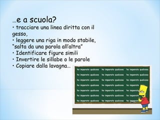 …e a scuola?
• tracciare una linea diritta con il
gesso,
• leggere una riga in modo stabile,
“salta da una parola all’altra”
• Identificare figure simili
• Invertire le sillabe o le parole
• Copiare dalla lavagna…
 