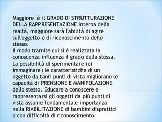 Maggiore è il GRADO DI STRUTTURAZIONE
DELLA RAPPRESENTAZIONE interna della
realtà, maggiore sarà l'abilità di agire
sull'oggetto e di riconoscimento dello
stesso.
Il modo tramite cui si è realizzata la
conoscenza influenza il grado della stessa.
La possibilità di sperimentare (di
immaginare) le caratteristiche di un
oggetto da tanti punti di vista migliorano le
capacità di PRENSIONE E MANIPOLAZIONE
dello stesso. Educare a conoscere e
rappresentarsi gli oggetti da più punti di
vista assume fondamentale importanza
nella RIABILITAZIONE di bambini disprattici
o con difficoltà di riconoscimento.
 