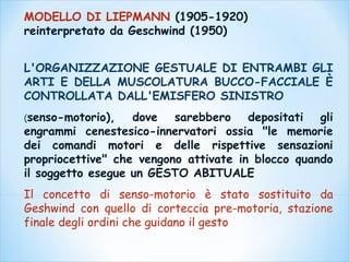 MODELLO DI LIEPMANN (1905-1920)
reinterpretato da Geschwind (1950)
L'ORGANIZZAZIONE GESTUALE DI ENTRAMBI GLI
ARTI E DELLA MUSCOLATURA BUCCO-FACCIALE È
CONTROLLATA DALL'EMISFERO SINISTRO
(senso-motorio), dove sarebbero depositati gli
engrammi cenestesico-innervatori ossia "le memorie
dei comandi motori e delle rispettive sensazioni
propriocettive" che vengono attivate in blocco quando
il soggetto esegue un GESTO ABITUALE
Il concetto di senso-motorio è stato sostituito da
Geshwind con quello di corteccia pre-motoria, stazione
finale degli ordini che guidano il gesto
 