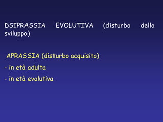 DSIPRASSIA EVOLUTIVA (disturbo dello
sviluppo)
APRASSIA (disturbo acquisito)
- in età adulta
- in età evolutiva
 