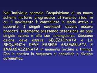 Nell'individuo normale l'acquisizione di un nuovo
schema motorio progredisce attraverso stadi in
cui il movimento è controllato in modo attivo e
accurato. I singoli movimenti devono essere
prodotti lentamente prestando attenzione ad ogni
singola azione e alle sue conseguenze. Ciascuna
azione deve essere SELEZIONATA e LA
SEQUENZA DEVE ESSERE ASSEMBLATA E
IMMAGAZZINATA in memoria (ordine e timing).
Con la pratica la sequenza si consolida e diviene
automatica.
 