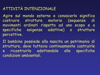 ATTIVITÀ INTENZIONALE
Agire sul mondo esterno e conoscerlo significa
costruire strutture motorie (sequenze di
movimenti ordinati rispetto ad uno scopo e a
specifiche esigenze adattive) o strutture
percettive.
Il bambino possiede alla nascita un patrimonio di
strutture, deve tuttavia continuamente costruirle
e ricostruirle adattandole alle specifiche
condizioni ambientali.
 