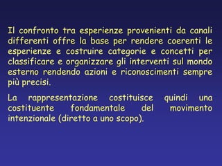 Il confronto tra esperienze provenienti da canali
differenti offre la base per rendere coerenti le
esperienze e costruire categorie e concetti per
classificare e organizzare gli interventi sul mondo
esterno rendendo azioni e riconoscimenti sempre
più precisi.
La rappresentazione costituisce quindi una
costituente fondamentale del movimento
intenzionale (diretto a uno scopo).
 