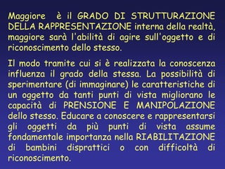 Maggiore è il GRADO DI STRUTTURAZIONE
DELLA RAPPRESENTAZIONE interna della realtà,
maggiore sarà l'abilità di agire sull'oggetto e di
riconoscimento dello stesso.
Il modo tramite cui si è realizzata la conoscenza
influenza il grado della stessa. La possibilità di
sperimentare (di immaginare) le caratteristiche di
un oggetto da tanti punti di vista migliorano le
capacità di PRENSIONE E MANIPOLAZIONE
dello stesso. Educare a conoscere e rappresentarsi
gli oggetti da più punti di vista assume
fondamentale importanza nella RIABILITAZIONE
di bambini disprattici o con difficoltà di
riconoscimento.
 