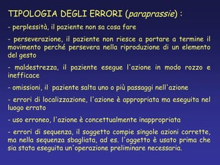 TIPOLOGIA DEGLI ERRORI (paraprassie) :
- perplessità, il paziente non sa cosa fare
- perseverazione, il paziente non riesce a portare a termine il
movimento perché persevera nella riproduzione di un elemento
del gesto
- maldestrezza, il paziente esegue l'azione in modo rozzo e
inefficace
- omissioni, il paziente salta uno o più passaggi nell'azione
- errori di localizzazione, l'azione è appropriata ma eseguita nel
luogo errato
- uso erroneo, l'azione è concettualmente inappropriata
- errori di sequenza, il soggetto compie singole azioni corrette,
ma nella sequenza sbagliata, ad es. l'oggetto è usato prima che
sia stata eseguita un'operazione preliminare necessaria.
 