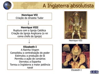 A Inglaterra absolutista
          Henrique VII
     Criação da dinastia Tudor


          Henrique VIII
   Ruptura com a Igreja Católica
 Criação da Igreja Anglicana (o rei
       como chefe da Igreja)
                                          Henrique VIII

            Elizabeth I
          A Rainha Virgem
Consolidou a centralização do poder
    Estimulou a produção de lã
    Permitiu a ação de corsários
        Derrotou a Espanha
Tornou a Inglaterra a maior potência
                naval
                                            Elizabeth I
 