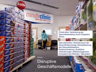 Primärrisiko: Veränderung der
Gesundheitssektors durch Outpatient
Clinics
Sekundärrisiken: Veränderung in der
Gesundheitsvorsorge, Monopolisierung
des Gesundheitssektors,
Kostenorientierung, Qualitative
Veränderungen, SelbstmanagementKompetenz bei Patienten, Telemedizin
Beispiel

Disruptive
Geschäftsmodelle

 