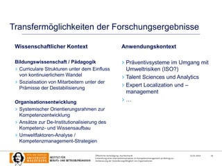 Transfermöglichkeiten der Forschungsergebnisse
Wissenschaftlicher Kontext

Anwendungskontext

Bildungswissenschaft / Pädagogik
> Curriculare Strukturen unter dem Einfluss
von kontinuierlichem Wandel
> Sozialisation von Mitarbeitern unter der
Prämisse der Destabilisierung

> Präventivsysteme im Umgang mit
Umweltrisiken (ISO?)
> Talent Sciences und Analytics
> Expert Localization und –
management
>…

Organisationsentwicklung
> Systemischer Orientierungsrahmen zur
Kompetenzentwicklung
> Ansätze zur De-Institutionalisierung des
Kompetenz- und Wissensaufbau
> Umweltfaktoren-Analyse /
Kompetenzmanagement-Strategien

Öffentliche Verteidigung | Kai Reinhardt
Entwicklung eines Interventionsansatzes im Kompetenzmanagement als Beitrag zur
Verbesserung der Veränderungsfähigkeit von Organisationen

22.01.2014

26

 