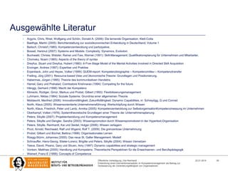Ausgewählte Literatur
>
>
>
>
>
>
>
>
>
>
>
>
>
>
>
>
>
>
>
>
>
>
>
>
>
>
>
>
>

Argyris, Chris, Rhiel, Wolfgang und Schön, Donald A. (2006): Die lernende Organisation: Klett-Cotta
Baethge, Martin (2005): Berichterstattung zur sozioökonomischen Entwicklung in Deutschland, Volume 1
Baitsch, Christof (1985): Kompetenzentwicklung und partizipative,
Bossel, Hartmut (2007): Systems and Models: Complexity, Dynamics, Evolution
Buchwald, Christa, Wetzler, Rainer und Faix, Werner (1991): Skill-Management: Qualifikationsplanung für Unternehmen und Mitarbeiter,
Chomsky, Noam (1965): Aspects of the theory of syntax
Dreyfus, Stuart und Dreyfus, Hubert (1980): A Five-Stage Model of the Mental Activities Involved in Directed Skill Acquisition
Enzinger, Andrea (1997): Expertise und Praktise
Erpenbeck, John und Heyse, Volker (1999): QUEM-report: Kompetenzbiographie – Kompetenzmilieu – Kompetenztransfer
Freiling, Jörg (2001): Resource-based View und ökonomische Theorie: Grundlagen und Positionierung.
Habermas, Jürgen (1995): Theorie des kommunikativen Handelns
Hamel, Gary und Prahalad, Coimbatore Krishnarao (1994): Competing for the future
Hänggi, Gerhard (1998): Macht der Kompetenz
Klimecki, Rüdiger, Gmür, Markus und Probst, Gilbert (1993): Flexibilisierungsmanagement
Luhmann, Niklas (1984): Soziale Systeme: Grundriss einer allgemeinen Theorie
Moldaschl, Manfred (2006): Innovationsfähigkeit, Zukunftsfähigkeit, Dynamic Capabilities, in: Schreyögg, G und Conrad
North, Klaus (2005): Wissensorientierte Unternehmensführung: Wertschöpfung durch Wissen
North, Klaus, Friedrich, Peter und Lantz, Annika (2005): Kompetenzentwicklung zur SelbstorganisationKompetenzmessung im Unternehmen
Oberkampf, Volker (1976): Systemtheoretische Grundlagen einer Theorie der Unternehmensplanung
Peters, Sibylle (2007): Projektentwicklung und Kompetenzmanagement
Peters, Sibylle und Dengler, Sandra (2003): Wissenspromotion durch Wissenspromotoren in der Hypertext-Organisation
Peters, Sibylle, Reinhardt, Kai und Seidel, Holger (2006): Wissen verlagern
Picot, Arnold, Reichwald, Ralf und Wigand, Rolf T. (2009): Die grenzenlose Unternehmung
Probst, Gilbert und Büchel, Bettina (1998): Organisationales Lernen
Rüegg-Stürm, Johannes (2005): Das neue St. Galler Management- Modell
Schnauffer, Hans-Georg, Stieler-Lorenz, Brigitte und Peters, Sibylle (2004): Wissen Vernetzen
Teece, David, Pisano, Gary und Shuen, Amy (1997): Dynamic capabilities and strategic management
Vonken, Matthias (2005): Handlung und Kompetenz. Theoretische Perspektiven für die Erwachsenen- und Berufspädagogik
Weinert, Franz E (1999): Concepts of Competence
Öffentliche Verteidigung | Kai Reinhardt
Entwicklung eines Interventionsansatzes im Kompetenzmanagement als Beitrag zur
Verbesserung der Veränderungsfähigkeit von Organisationen

22.01.2014

29

 