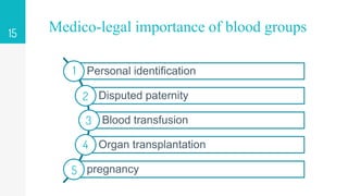 Medico-legal importance of blood groups
15
Personal identification
Disputed paternity
Blood transfusion
Organ transplantat...