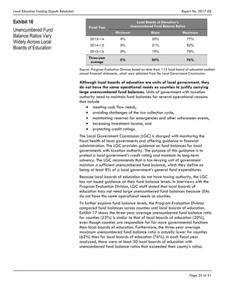 Local Education Funding Dispute Resolution Report No. 2017-05
Page 24 of 31
Exhibit 16
Unencumbered Fund
Balance Ratios Vary
Widely Across Local
Boards of Education
Fiscal Year
Local Boards of Education’s
Unencumbered Fund Balance Ratios
Minimum Mean Maximum
2013–14 0% 20% 77%
2014–15 0% 21% 82%
2015–16 0% 19% 70%
Three-year
average
0% 20% 76%
Source: Program Evaluation Division based on data from 115 local board of education audited
annual financial statements, which were obtained from the Local Government Commission.
Although local boards of education are units of local government, they
do not have the same operational needs as counties to justify carrying
large unencumbered fund balances. Units of government with taxation
authority need to maintain fund balances for several operational reasons
that include
meeting cash flow needs,
avoiding challenges of the tax collection cycle,
maintaining reserves for emergencies and other unforeseen events,
increasing investment income, and
protecting credit ratings.
The Local Government Commission (LGC) is charged with monitoring the
fiscal health of local governments and offering guidance in financial
administration. The LGC provides guidance on fund balances for local
governments with taxation authority. The purpose of this guidance is to
protect a local government’s credit rating and maintain its long-term
solvency. The LGC recommends that a tax-levying unit of government
maintain a sufficient unencumbered fund balance, which they define as
being at least 8% of a local government’s general fund expenditures.
Because local boards of education do not have taxing authority, the LGC
has not issued guidance on their fund balance levels. In interviews with the
Program Evaluation Division, LGC staff stated that local boards of
education may not need large unencumbered fund balances because LEAs
do not have the same operational needs as counties.
To further explore fund balance levels, the Program Evaluation Division
compared fund balances across counties and local boards of education.
Exhibit 17 shows the three-year average unencumbered fund balance ratio
for counties (23%) is similar to that of local boards of education (20%),
even though counties are responsible for far more governmental functions
than local boards of education. Furthermore, the three-year average
maximum unencumbered fund balance ratio is actually lower for counties
(62%) than for local boards of education (76%). In each fiscal year
analyzed, there were at least 30 local boards of education with
unencumbered fund balance ratios that exceeded their county’s ratios.
 