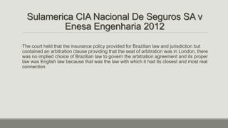 Sulamerica CIA Nacional De Seguros SA v
Enesa Engenharia 2012
•The court held that the insurance policy provided for Brazilian law and jurisdiction but
contained an arbitration clause providing that the seat of arbitration was in London, there
was no implied choice of Brazilian law to govern the arbitration agreement and its proper
law was English law because that was the law with which it had its closest and most real
connection
 