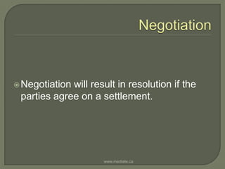 NegotiationNegotiation will result in resolution if the parties agree on a settlement.www.mediate.ca