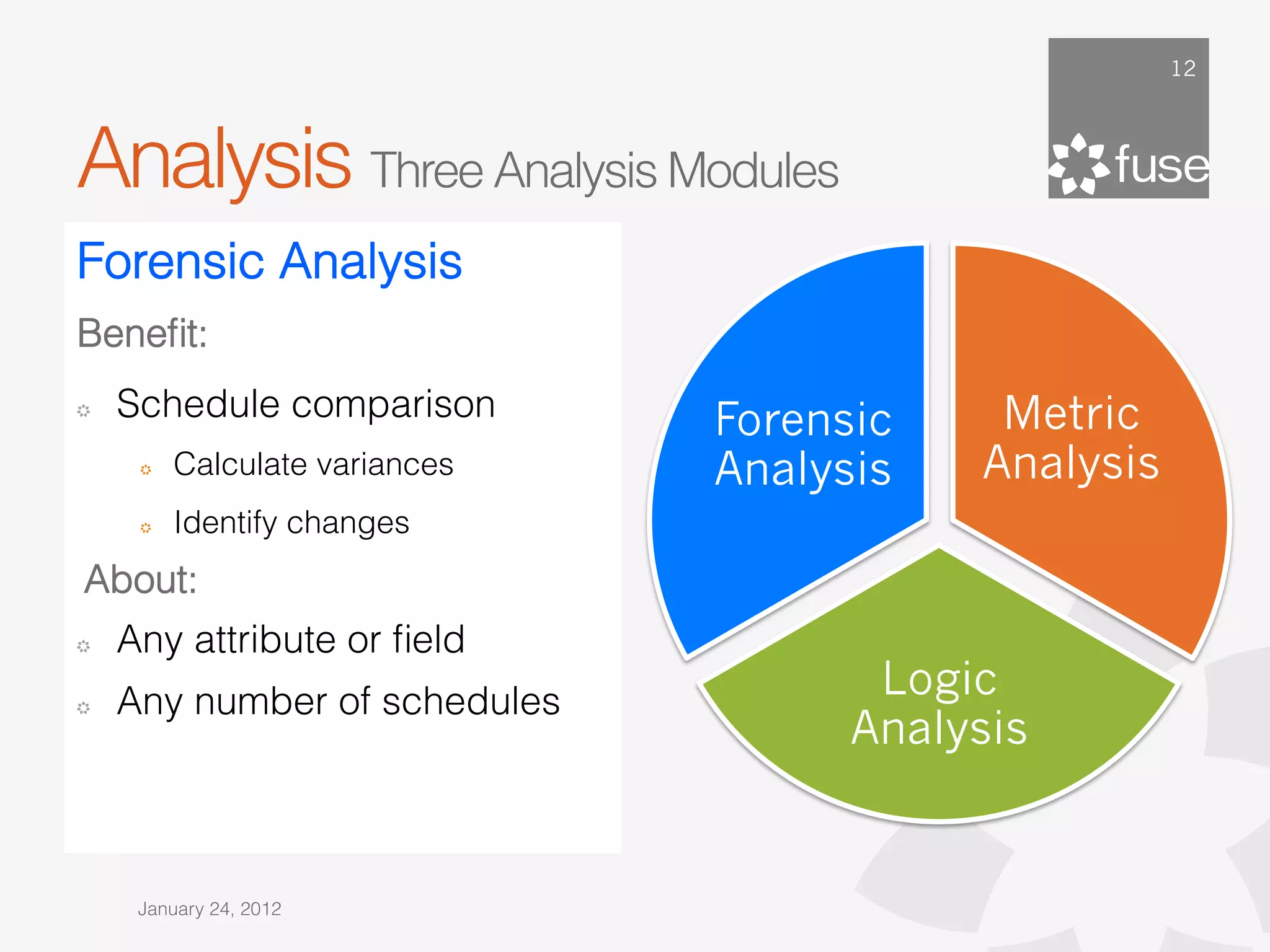 12




Analysis Three Analysis Modules
Forensic Analysis
Beneﬁt:
!    Schedule comparison        Forensic    Metric
      !   Calculate variances   Analysis   Analysis
      !   Identify changes
    About:
!    Any attribute or ﬁeld
     Any number of schedules
                                       Logic
                                      Analysis
!




      January 24, 2012
 