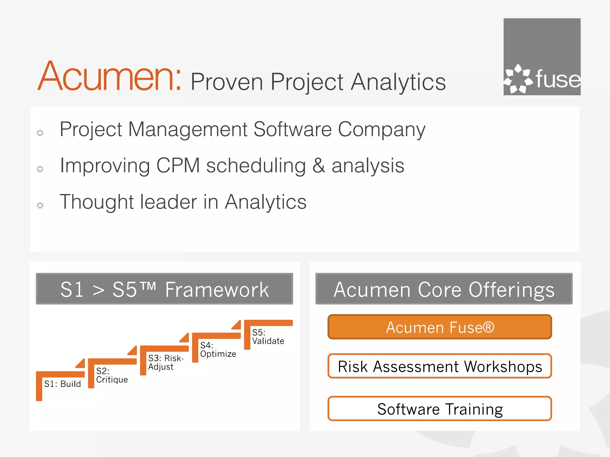 Acumen: Proven Project Analytics
!      Project Management Software Company
!      Improving CPM scheduling & analysis
!      Thought leader in Analytics



       S1 > S5™ Framework                                    Acumen Core Offerings
                                                  S5:             Acumen Fuse®
                                                  Validate
                                       S4:
                                       Optimize
                           S3: Risk-
                S2:
                           Adjust                            Risk Assessment Workshops
                Critique
    S1: Build


                                                                 Software Training
 