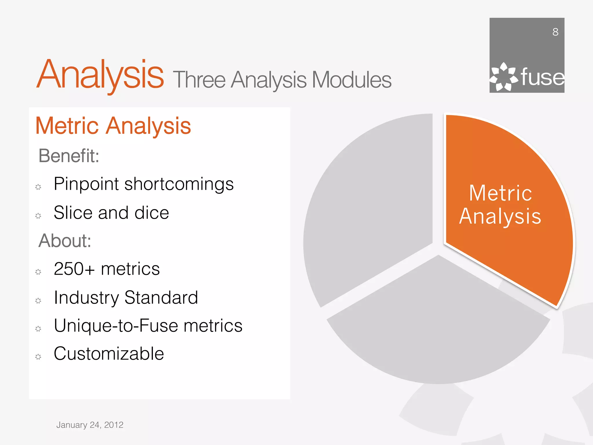 8




Analysis Three Analysis Modules
Metric Analysis
    Beneﬁt:
     Pinpoint shortcomings
!
                                   Metric
!    Slice and dice               Analysis
    About:
!    250+ metrics
!    Industry Standard
!    Unique-to-Fuse metrics
!    Customizable


      January 24, 2012
 