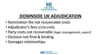 DOWNSIDE UK ADJUDICATION
• Nomination fee not recoverable (£400)
• Adjudicator’s fees (£250-£400)
• Party costs not recoverable (legal, management, expert)
• Decision not final & binding
• Damages relationships
 