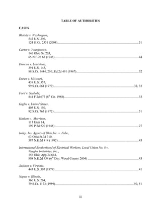 TABLE OF AUTHORITIES

CASES

Blakely v. Washington,
       542 U.S. 296,
       124 S. Ct. 2531 (2004)...................................................................................................51

Carter v. Youngstown,
       146 Ohio St. 203,
       65 N.E.2d 63 (1946) ......................................................................................................44

Duncan v. Louisiana,
      391 U.S. 145,
      88 S.Ct. 1444, 20 L.Ed.2d 491 (1967)............................................................................32

Duren v. Missouri,
      439 U.S. 357,
      99 S.Ct. 664 (1979) ................................................................................................. 32, 33

Ford v. Seabold,
       841 F.2d 677 (6th Cir. 1988)...........................................................................................33

Giglio v. United States,
       405 U.S. 150,
       92 S.Ct. 763 (1972) .......................................................................................................51

Haslam v. Morrison,
      113 Utah 14,
      190 P.2d 520 (1948) ......................................................................................................27

Indep. Ins. Agents of Ohio,Inc. v. Fabe,
        63 Ohio St.3d 310,
        587 N.E.2d 814 (1992) ..................................................................................................43

International Brotherhood of Electrical Workers, Local Union No. 8 v.
       Vaughn Industries, Inc.,
       156 Ohio App.3d 644,
       808 N.E.2d 434 (6th Dist. Wood County 2004) ..............................................................43

Jackson v. Virginia,
       443 U.S. 307 (1979) ......................................................................................................41

Napue v. Illinois,
      360 U.S. 264,
      79 S.Ct. 1173 (1959)................................................................................................ 50, 51



                                                                iii
 