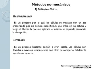 Descompresión:
- Es un proceso por el cual las células se mezclan con un gas
presurizado por un tiempo específico. El gas entra en las células y
luego al liberar la presión aplicada el mismo se expande causando
la disrupción.
Operaciones y Procesos Biotecnológicos II
DISRUPCIÓN CELULAR
Termólisis:
- Es un proceso bastante común a gran escala. Las células son
llevadas a mayores temperaturas con el fin de romper o debilitar la
membrana externa.
2) Métodos Físicos
Métodos no-mecánicos
 
