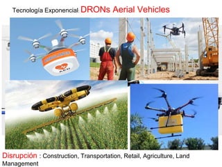 Tecnología Exponencial: DRONs Aerial Vehicles
Disrupción : Construction, Transportation, Retail, Agriculture, Land
Management
 